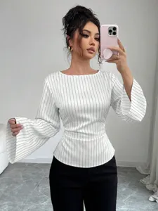 Chic striped long sleeve blouse featuring a stylish round neck and elegant flared sleeves.