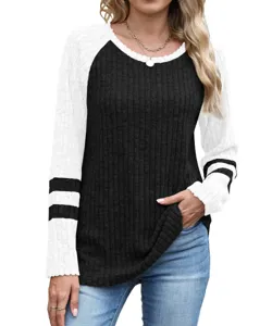Women casual color block long sleeve crewneck waffle knit pullover top apparel fashion