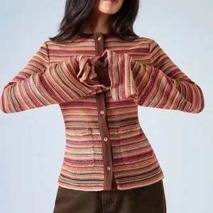 Cardigan Ajustado Casual para Mujer Mangas Acampanadas Largas Top de Punto A Rayas Elegante Monopeto con Botones Ropa