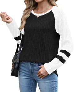 Casual color block long sleeve knit sweater top detail showcasing striped sleeve design