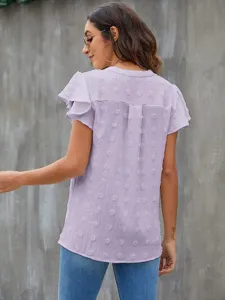 Light purple V-neck flutter sleeve blouse with textured dot fabric and pleated back detail.