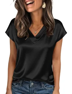 Detail view of a black satin V-neck short sleeve top showcasing smooth fabric and elegant cut.