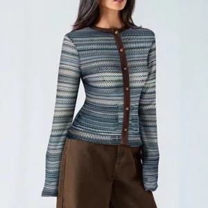 Cárdigan de punto ajustado para mujer de otoño top de manga larga con rayas azules y botones.