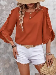 Spring summer women ruffles 3/4 sleeve blouse casual chic orange round neck top apparel