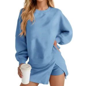 Women Autumn Solid Color Crewneck Long Sleeve Sweatshirt Two-Piece Skirt Set Main View