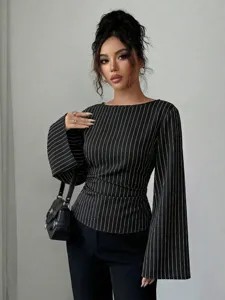 Women long sleeve pinstripe blouse autumn casual round neck bell sleeve black top