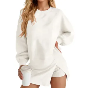 Solid color crewneck long sleeve sweatshirt two-piece skirt set casual autumn fashion