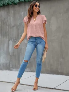 Pink V-neck short sleeve ruffle blouse for women summer casual chiffon top pompom shirt