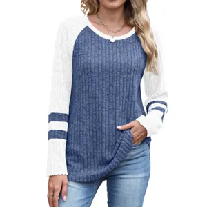Women's autumn long sleeve color block crewneck knit sweater casual stylish pullover top