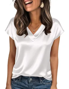 Women's Satin V-Neck Short Sleeve Blouse Summer Casual Solid Color Chic Top Shirt