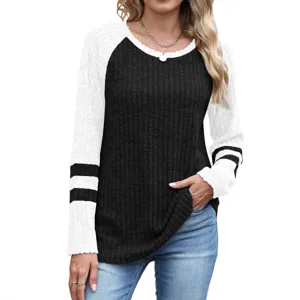 Women Fall Color Block Long Sleeve Knit Sweater Casual Round Neck Striped Pullover Top New