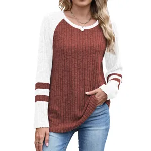 Women's Colorblock Waffle Knit Long Sleeve Round Neck Casual Pullover Top Main View
