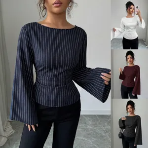 Womens Casual Crew Neck Long Flare Sleeve Striped Blouse Slim Fit Drawstring Waist Autumn Office Commuter Shirt