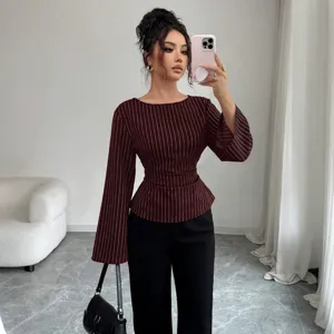 Women casual striped long sleeve blouse autumn round neck slim fit chic top for daily wear