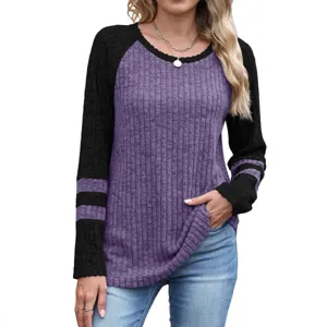 Women long sleeve color block sweater casual crewneck knit pullover top main view image
