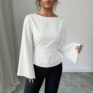 Women pinstripe long sleeve blouse crew neck casual tie waist flared sleeve top autumn