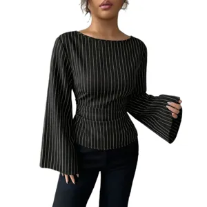 Women Striped Long Sleeve Blouse Casual Crewneck Flare Sleeve Fitted Shirt Fashion Top