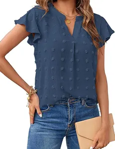 Women Summer V-Neck Swiss Dot Short Sleeve Ruffle Blouse Casual Chic Elegant Top