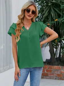 Chic Femme Col V Volants Manches Courtes Chiffon Blouse Élégante Été Casual Vert Top