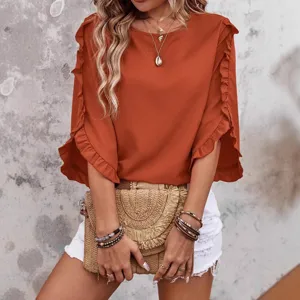Orange ruffle 3/4 sleeve round neck blouse for women summer casual chic daily wear top