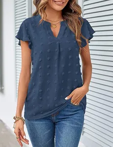 Womens V-Neck Ruffle Short Sleeve Swiss Dot Chiffon Top Casual Summer Blouse Dark Blue