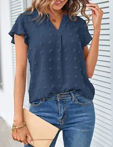 Summer V-neck short sleeve Swiss dot chiffon blouse for women, elegant ruffle sleeve casual top.
