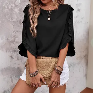 Black round neck ruffle irregular 3/4 sleeve blouse for women spring summer daily wear fashion