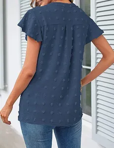Women casual V-neck ruffle short sleeve Swiss dot chiffon top summer elegant blouse