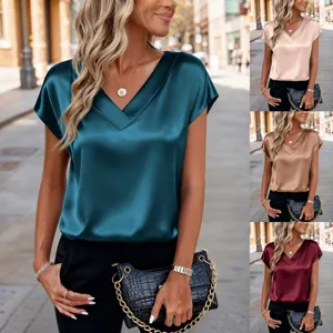 Women Casual V Neck Short Sleeve Satin Blouse Solid Color Loose Commuter Top Elegant Fashion Office Wear