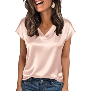 Women satin V-neck short sleeve top solid color casual blouse main view product display