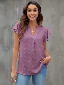 Summer casual V-neck swiss dot ruffle short sleeve chiffon top detail view showing fabric texture