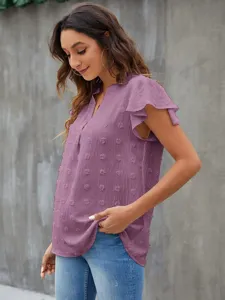 Purple V-neck flutter sleeve pom-pom chiffon top for women, chic summer apparel detail.