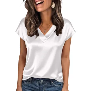 Women s solid color satin v neck short sleeve top summer casual fashion elegant blouse