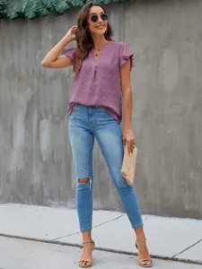 Detailed view of women summer v-neck ruffled short sleeve swiss dot chiffon blouse top.