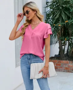 Chemisier femme casual col V manchette volants en mousseline, haut été élégant.