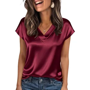 Burgundy satin V-neck short sleeve top for women, chic and elegant summer fashion casual wear.