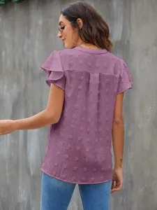 Purple V-neck short sleeve swiss dot ruffle blouse for women summer casual daily wear.