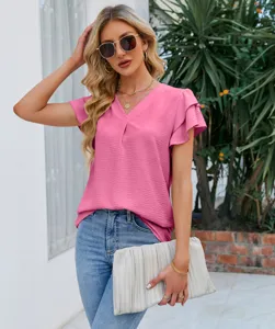 Femme Col V Volants Manches Courtes Chemisier Mousseline Été Haut Élégant Rose Décontracté.