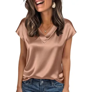 Women Silk Satin V-Neck Short Sleeve Casual Solid Color Blouse Summer Fashion Elegant Top