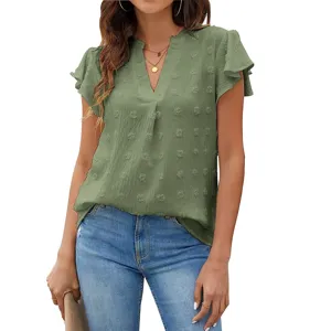 Green V-neck Swiss dot flutter sleeve chiffon blouse detail, elegant summer top for women.