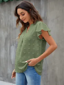 Women's summer short sleeve V-neck ruffle chiffon top with cute swiss dot details.
