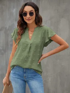 Green V-neck short sleeve Swiss dot blouse, elegant summer casual top with ruffle sleeves.