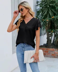 Femme Été Col V Mousseline Volants Manches Courtes Blouse Élégant Haut Décontracté