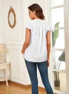 Discover our chic women's V-neck ruffle sleeve dot chiffon blouse for a stylish look.
