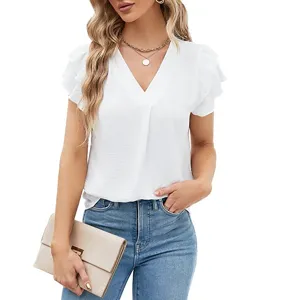 Élégant Chemisier Femme Col V Mousseline Volants Manches Courtes Été Top Détail Vue