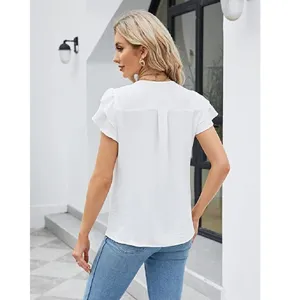 Femme été blanc manches courtes col V mousseline volants chemisier haut décontracté