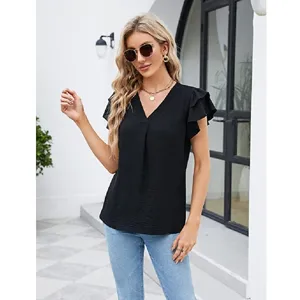 Chemisier chic pour femme col V manches courtes volantées en mousseline, style d'été.