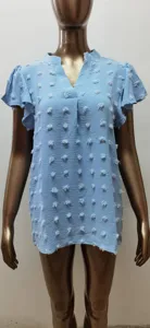 Detailed view of the light blue V-neck top featuring cute ruffle sleeves and clip dot texture.