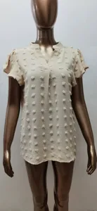 Summer V-neck short sleeve chiffon blouse with cute dot tufted details for women fashion daily wear.