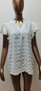White V-neck short sleeve pom-pom chiffon blouse top clothing detail view for women summer.